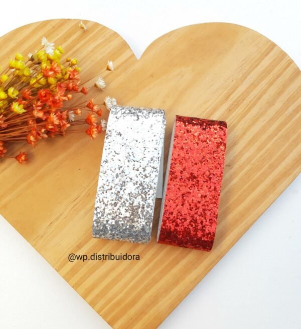 KIT FITA LONITA 38MM GLITTER GROSSO PRATA/VERMELHO  C/ 1 METRO CADA COR