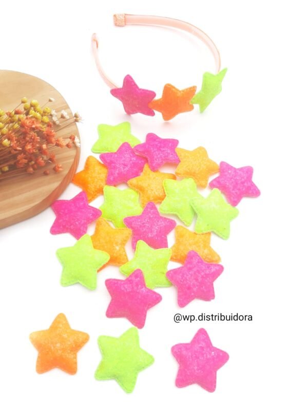 APLIQUE ESTRELA FLOCADA 5CM CORES NEON C/ 2 UND