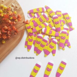 APLIQUE EMBORRACHADO LÁPIS AMARELO DETALHES ROSA 4,2CM C/ 2 UND