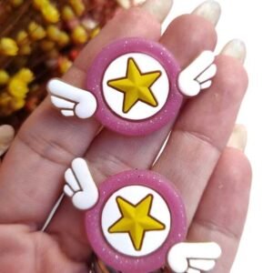 APLIQUE EMBORRACHADO REDONDO ROSA GLITTER COM ASAS 4CM C/ 2 UND