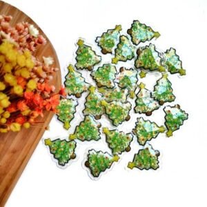 APLIQUE EM PLÁSTICO TRANSPARENTE 3,2X3,8CM ÁRVORE NATALINA COM ESTRELINHAS VERDE UND