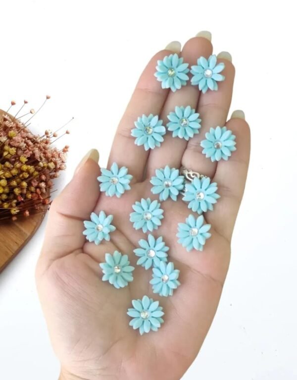 FLOR EM BISCUIT COM STRASS 1,5CM AZUL C/ 5 UND