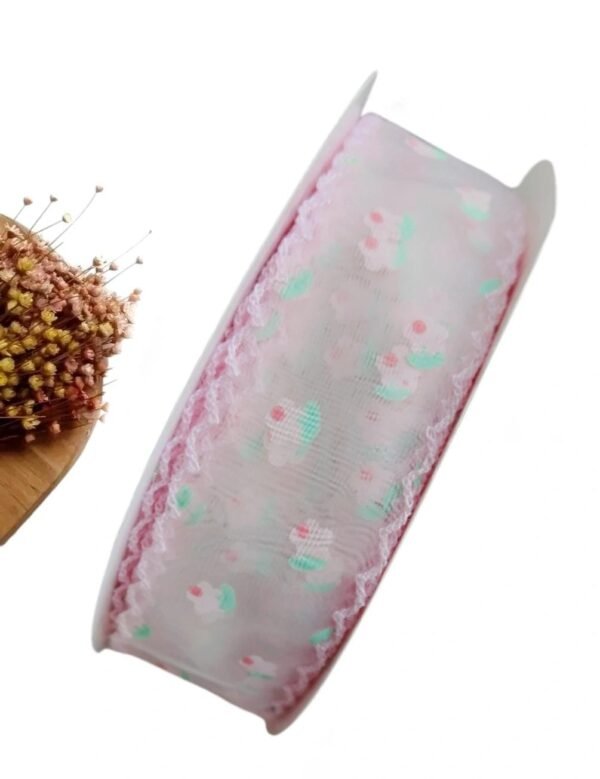 FITA DE VOAL  ROSA BEBÉ 38MM C/ FLORES E BORDA TRABALHADA METRO
