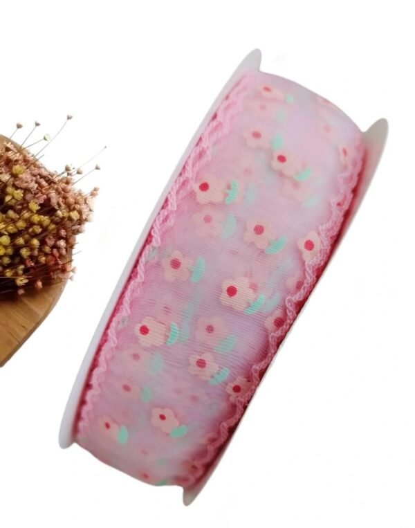 FITA DE VOAL  ROSA 38MM C/ FLORES E BORDA TRABALHADA METRO