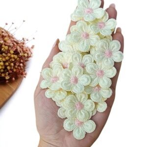APLIQUE FLOR BORDADA AMARELO BEBÉ E MIOLO ROSA 3CM C/ 2 UND