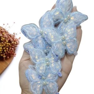 APLIQUE BORBOLETA EM TECIDO DUPLA PAETE BORDADA AZUL 5CM UND