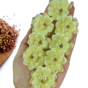 APLIQUE FLOR IMPORTADA DE CETIM COM VOAL AMARELA 3,5CM UND