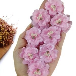 APLIQUE FLOR IMPORTADA DE CETIM COM VOAL ROSA BEBÊ 3,5CM UND
