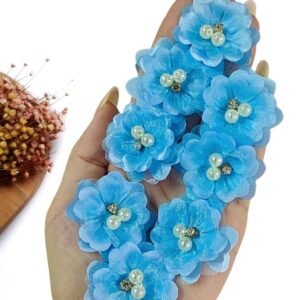 APLIQUE FLOR IMPORTADA DE CETIM COM VOAL AZUL 3,5CM UND