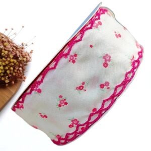 FITA IMPORTADA FLORES ROSA 38MM C/ BORDADO NAS BORDAS - METRO