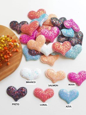 APLIQUE CORAÇÃO GLITTER GROSSO 5,5CM PCT C/ 2 UND